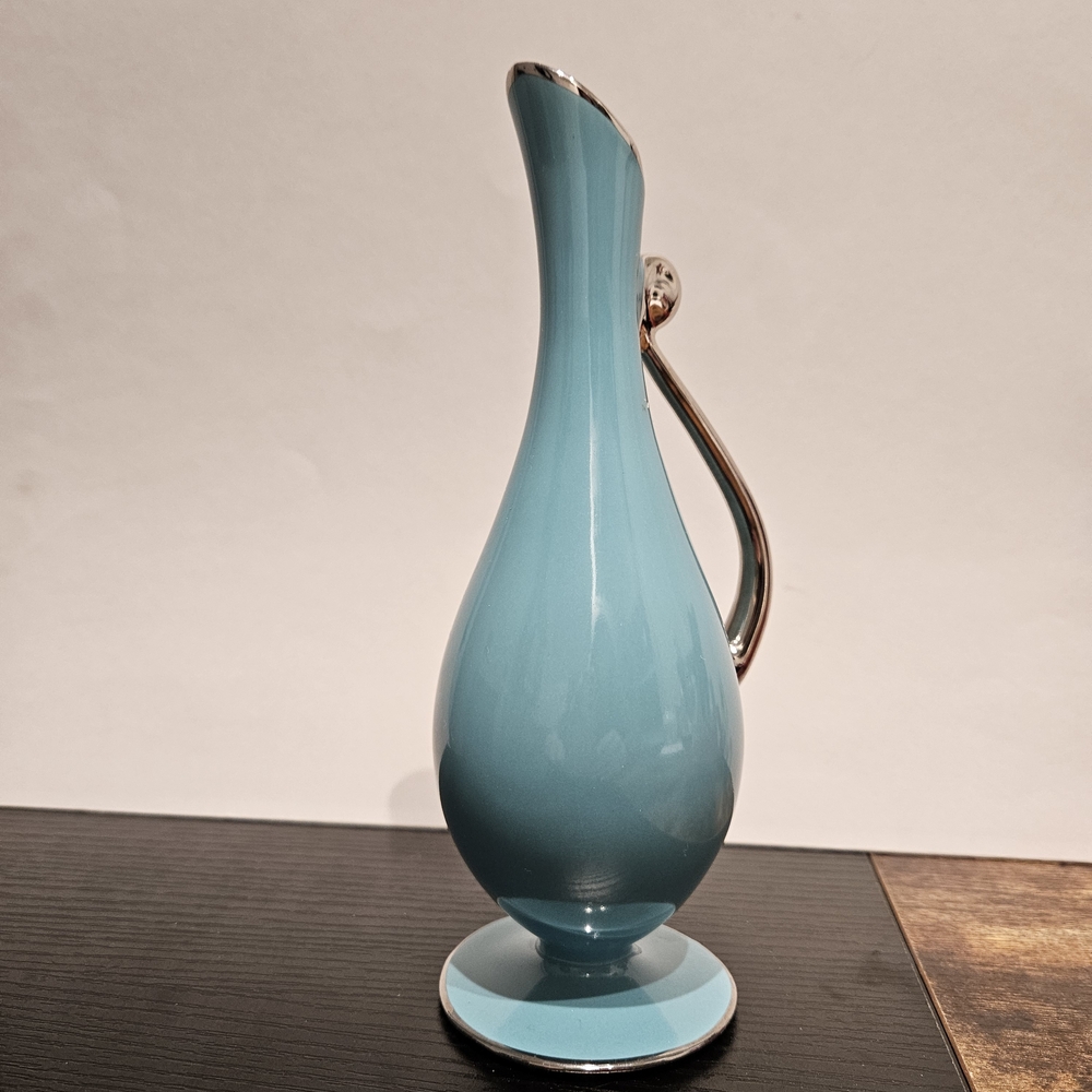 Everart Vintage Aqua Ceramic Pitcher Vase with Silver Accent